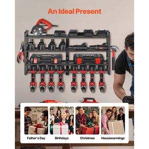 Organisateur mural pour outils électriques à 4 niveaux avec 8 supports pour perceuses, support pour tournevis, étagère de rangement - Product Image 6