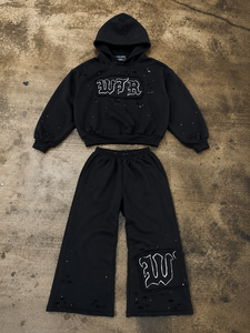 Conjunto de Sudadera con Capucha Negra Personalizada y Pantalones Anchos con Bordado en Contraste, Estilo Urbano, para Adultos, Invierno, 100% Algodón - Product Image 6
