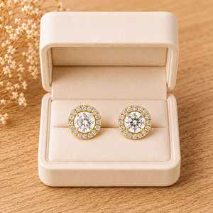 Boucles d'oreilles halo en diamant de laboratoire taille ronde, or massif 10K 14K 18K, clarté VVS, couleur E, pour femme - Product Image 1