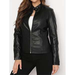 Blouson moto en cuir double face imprimé pour femme, manches longues, col montant, fermeture éclair, style motard noir, pour l'automne, couleur citrouille - Product Image 4