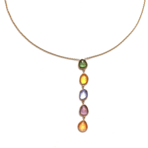 Collier en Y en or jaune massif 14 carats avec saphirs multicolores naturels à taille mixte – Chaîne à pendentifs en pierres précieuses en forme de poire et d'ovale serties clos - Product Image 1