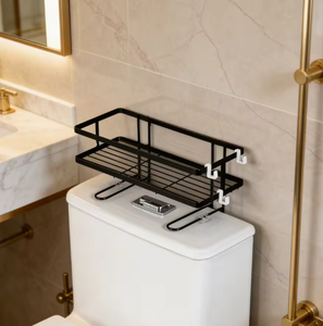 Black Over Toilet Metal Storage Rack Bathroom Organizer Shelf with <b>Hooks</b> for <b>Towels</b> Cosmetics and Tissue Holder - Product Image 1