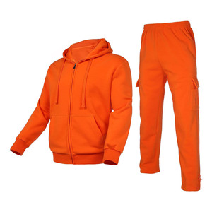 Trending Orange Men's Hooded <b>Zip</b> Tracksuit Set Cargo <b>Jogger</b> Pants Kangaroo <b>Pocket</b> Custom Wholesale Sportswear Oem Sweat Suit Set - Product Image 3
