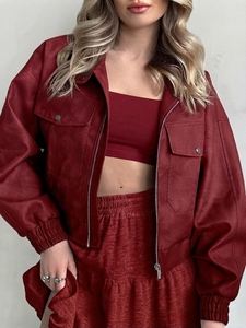 Blouson Bomber Femme Marron en Similicuir PU Col Montant Manches Lanterne Fermeture Éclair Poches Veste en Faux Daim Vente en Gros - Product Image 4
