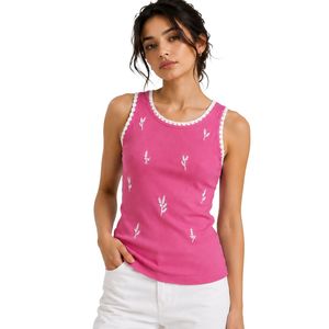 เสื้อกล้ามรัดรูปสีชมพูสดและสีขาวสำหรับผู้หญิง แต่งลายปัก สไตล์ลำลอง ใส่สบายช่วงฤดูร้อน ผ้าฝ้ายยืดหยุ่น รับผลิตตามแบบ OEM - Product Image 1