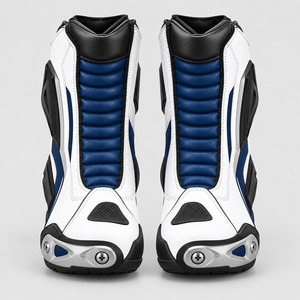 Bottes de moto en cuir blanc et bleu, haute tige, avec protection renforcée des orteils et du talon pour moto - Product Image 3