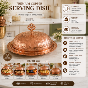 Plateau de service en cuivre martelé artisanal avec couvercle en dôme, plat de luxe pour aliments, service de buffet, restauration hôtelière - Product Image 5