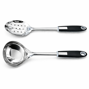 Cuchara Espumadera de Acero Inoxidable (Jhara) Juego de 2 Cucharones para Sopa con Mango Negro Resistente al Calor y Acabado Espejo |   Utensilio de Cocina para Servir - Product Image 1