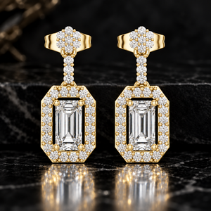 Baguette Cut Lab Grown Diamond Earring 14K 18K Solid Gold Halo Drop Stud Push <b>Back</b> Earring DEF VVS Engagement Earring Wholesale - Product Image 1