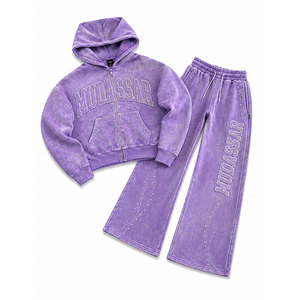 Men Hooded Tracksuit <b>Set</b> 100% Cotton Acid Washed Embossed 450 Gsm Loose Fit Rhinestone Cropped <b>Joggers</b> Casual Wear - Product Image 4