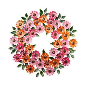 Couronne florale en métal coloré avec des marguerites roses et oranges et des feuilles vertes, parfaite pour une charmante décoration de porte printanière - Product Image 1
