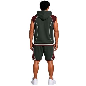 Conjunto Deportivo para Hombre, Color Verde Oscuro/Burdeos, Sin Mangas, con Capucha, Logotipo Personalizado, para Gimnasio, Fitness, Entrenamiento, Sudadera con Capucha y Pantalones Cortos, Ropa Deportiva - Product Image 2