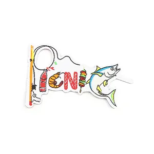 Patch brodé thermocollant en feutre non tissé, forme irrégulière, motif canne à pêche, crevette sur brochet et poisson, pour cadeau - Product Image 1