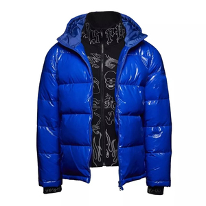 Custom Men's Blue Glossy Hooded Puffer <b>Jacket</b> Full Zip Insulated <b>Winter</b> Coat Warm Casual Outdoor Lightweight Unisex 100% Genuine - Product Image 1
