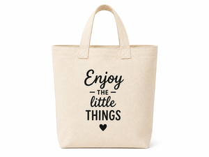 Bolsa de Lona 'Disfruta de las Pequeñas Cosas' Beige Unisex con Asa Corta, Frase Inspiradora, Abertura Superior, para Viajes y Compras de Verano - Product Image 1