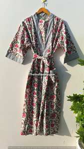 Robe kimono en coton à imprimé floral gris indien pour femmes, peignoir doux et confortable pour se détendre - Product Image 5