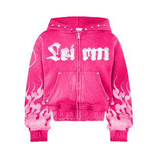 Custom Acid Wash <b>Men's</b> 100% Cotton Heavyweight French Terry Vintage <b>Pink</b> Winter Sun Faded Distressed Zipper Boxy Hoodie Sets - Product Image 6