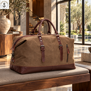 Heritage Canvas <b>Leather</b> Duffel Travel <b>Bag</b> with Buckle Straps | Vintage Weekender <b>Holdall</b> with Top Zipper and Front Zipper Pocket - Product Image 3