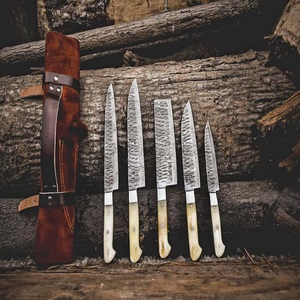 Handmade Sustainable High Quality Damascus Steel Bone Handle Ambidextrous 5-PCS Chef <b>Knife</b> Set Leather Roll Bag Custom - Product Image 1