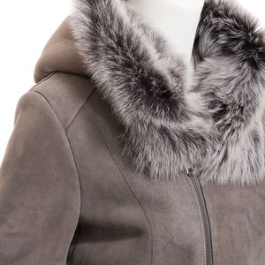 Custom Women's Shearling <b>Coat</b> <b>With</b> <b>Fur</b> Trim Hood And Cuffs Zipper Closure Winter Warm Jacket Suede <b>Leather</b> Full Sleeve OEM - Product Image 5