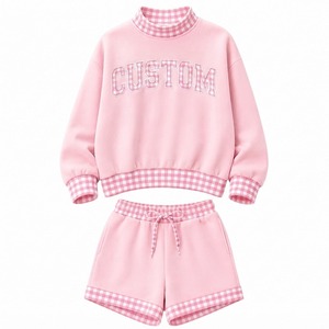 Custom Women <b>Mock</b> <b>Neck</b> Sweatshirt Shorts Set Fleece 2 Piece Casual Loose Fit Polka Dot Trim Spring Summer Outfit - Product Image 3