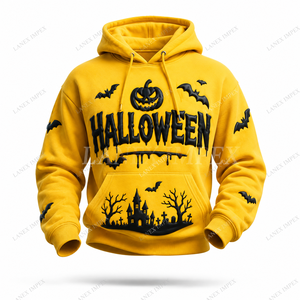 Sweat-shirt à capuche graphique personnalisé pour Halloween, pour hommes et femmes, jaune, avec impression 3D de citrouille, chauve-souris et maison hantée, en molleton de coton - Product Image 2