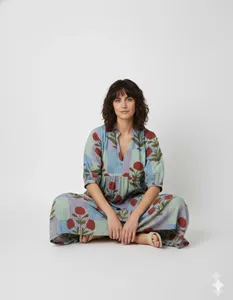 Robe midi en coton à imprimé floral bleu ciel bohème avec manches bouffantes, coupe ample, col en V, robe d'été pour femmes - Product Image 1
