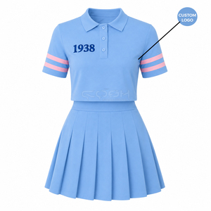 Ensemble 2 pièces Cosh International Sisterhood Sorority Style : haut polo bleu clair avec rayures roses et mini-jupe plissée - Product Image 4
