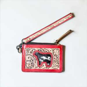 Cartera de Cuero Vacuno Vintage de Primera Calidad con Estampado Animal y Flores, Cierre Abierto, Estilo Occidental, con Correa para la Muñeca - Product Image 1