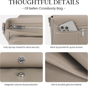 Unisex Beige Genuine Leather Crossbody <b>Bag</b> Adjustable Strap Buckle Closure Casual Daily Durable Lightweight Solid Color - Product Image 4