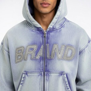 Custom Premium Rhine Stone Zipper Crop Hoodie Baggy Trouser Acid Wash Printed Unisex Tracksuit High Quality Material Casual - Product Image 6