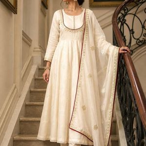 Women Pure Roman Cotton Embroidered Gown <b>Pant</b> Set with Soft Organza Dupatta <b>Sequin</b> Thread Work Designer Ethnic Wear Party We - Product Image 1