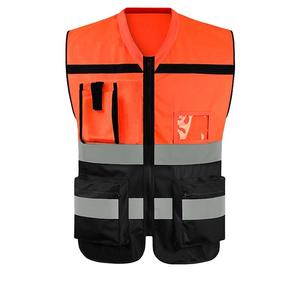 Chaleco de Seguridad Reflectante de Alta Visibilidad Unisex, Naranja y Negro, con Cierre Frontal, Múltiples Bolsillos, Poliéster, Impresión por Transferencia de Calor - Product Image 1
