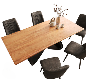 Table de salle à manger en bois d'acacia massif naturel avec plateau à bords bruts et base en métal en forme de W avec finition noire mate, idéale pour la maison, la cuisine ou le restaurant - Product Image 3