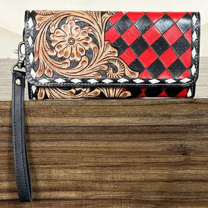 Portefeuille en cuir de vachette artisanal de qualité supérieure 2026, motif floral sculpté, à carreaux, grande capacité, idéal pour les femmes - Product Image 4