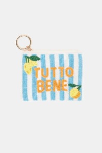 Pochette à rouge à lèvres brodée en tissu de coton toutes saisons, motif citron rayé bleu, porte-clés et porte-monnaie - Product Image 3