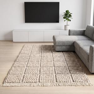 Tapis élégant en laine beige crème tissé à la main, couleur unie, antidérapant, à poils moyens, avec franges, pour décoration moderne de la maison - Product Image 5