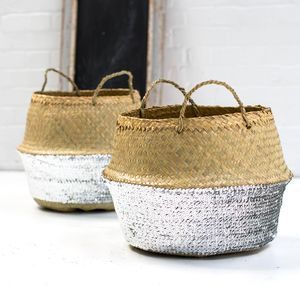 Luxury Silver Metallic Seagrass Belly Basket Handmade Woven Rattan Storage <b>Bin</b> with Handles Decorative Boho Planter Basket - Product Image 5