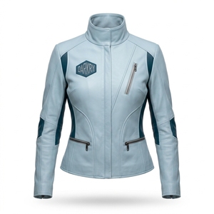 Light Blue Womens <b>Real</b> <b>Leather</b> <b>Jacket</b> High Stand Collar Contrast Color Panel Patch Zipper <b>Biker</b> Motorcycle Outerwear - Product Image 1