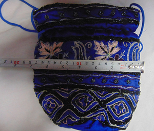 Blue Silk Embroidered Drawstring Bag Bohemian Style Daily Use Handmade Beaded Potli Bags Lowellcraft.com Cotton Lining - Product Image 5