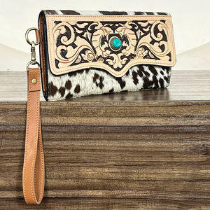 Custom Handcrafted Real Genuine Cowhide Leather Wallet Clutch with Turquoise Stone Tooled Floral Design Wristlet <b>Purse</b> for Women - Product Image 4