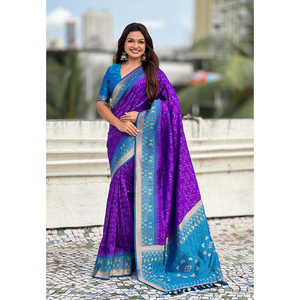 Elite Weaves <b>Purple</b> Soft Silk Zari Woven Patola <b>Saree</b> with Contrast Bandhani Weaves Elegant Evening Wear - Product Image 1