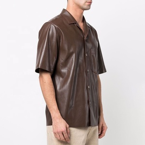 <b>Men's</b> <b>Brown</b> Leather Short Sleeve Casual <b>Shirt</b> Turn-down Collar Solid Color Summer Wear - Product Image 2