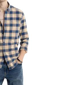 เสื้อเชิ้ตผู้ชายสีเบจและสีน้ำเงินลายสก็อต ผ้าฝ้าย แขนยาว ติดกระดุม ลำลอง ทรงพอดีตัว ผลิตตามสั่งจากโรงงาน OEM คุณภาพพรีเมียม สำหรับส่งออก - Product Image 2