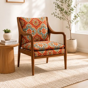 Sillón de madera de estilo moderno de mediados de siglo con respaldo sólido y tapicería con patrones coloridos para sala de estar - Product Image 2