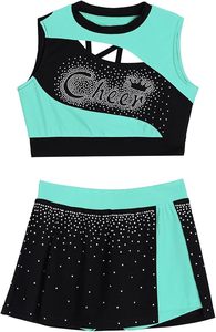Conjunto de Dos Piezas para Animadoras, Color Verde Menta y Negro, Top Corto con Pedrería y Falda sin Mangas, Cintura Elástica, Ropa de Baile para Entrenamiento - Product Image 5