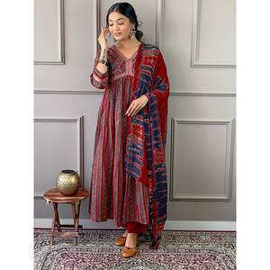 Party Wear Top-Bottom y Dupatta Set con estampado y bordado Trabajo XL Tamaño - Product Image 2