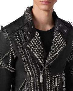 Men's <b>Punk</b> Style Leather Motorcycle <b>Jacket</b> With Rivet Decoration Zipper Closure Turn-Down Collar - Product Image 4