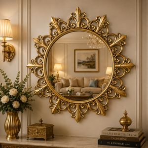 Fleur Scroll Hand Carved Wooden Round Mirror Antique Gold Finish Decorative Wall Mirror Elegant Luxury Home Accent - Product Image 1