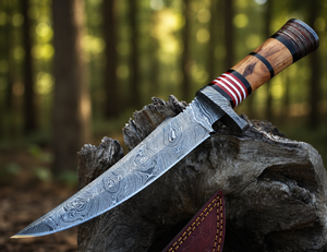 Cuchillo Bowie de Acero de Damasco Hecho a Mano con Funda de Cuero Artesanal – Herramienta de Colección para Actividades al Aire Libre - Product Image 1